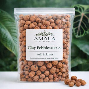 Puede incluir: Una bolsa de plástico transparente llena de guijarros de arcilla marrón, etiquetada como "AMALA BOTAANIAL Clay Pebbles (LECA) Sold in Litres." Los guijarros son de color marrón claro y parecen de tamaño uniforme. La bolsa está sellada.