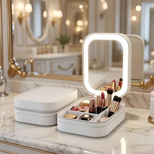 Könnte beinhalten: Weißer Make-up-Organizer mit integriertem LED-beleuchtetem Spiegel. Der offene Organizer zeigt verschiedene Kosmetika, darunter Lippenstifte und Pinsel. Ein geschlossener, passender Organizer steht daneben auf einer Marmor-Arbeitsplatte. Der Spiegel ist rechteckig mit abgerundeten Ecken.