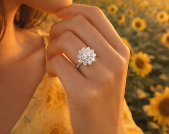Moissanite Sunflower Ring: 925 Sterling Silver, Handmade in USA, Mother's Day Gift