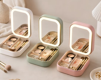 LED Schminktasche mit Spiegel, Tragbare Beleuchtete Kosmetiktasche, Wiederaufladbare Beauty Organizer, Reise Make-up Tasche