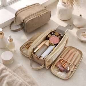fashion handbag-style travel toiletry cosmetic bag with compartments Minoisome Makeup Bag,PU leather bag,make up organizer case for women,Large Capacity Bag,Wide-open Pouch Purse， Toiletries Accessories，Fold-Down Design and Adjustable Dividers. : Beauty & Personal Care PAVILIA Toiletry Bag for Men New Fashion Trend Makeup Bag