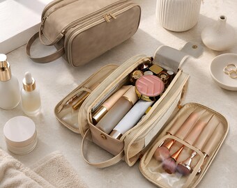 Große PU Leder Kosmetiktasche, wasserfeste Reise Make up Organizer Tasche, doppelte Reißverschluss Kulturtasche