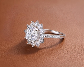 Sunflower Moissanite Engagement Ring 3 Carat Look, S925 Silver Platinum Ring, Halo Floral Promise Ring for Women