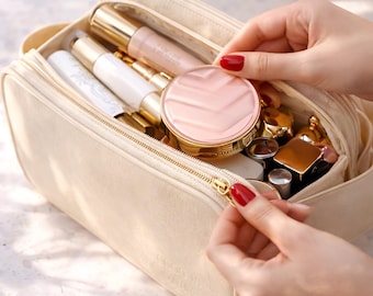 Große Kulturtasche aus veganem Leder, wasserdichter Make-up-Organizer, Reisekosmetik-Etui, Geschenk für Mama