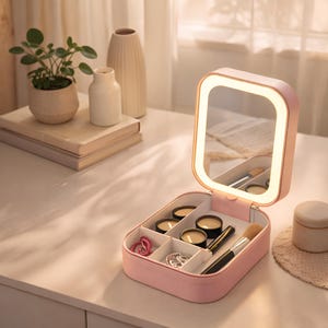 トラベルメイクアップバッグ、ポータブル化粧ポーチ、LEDミラー、充電式コスメティックケース