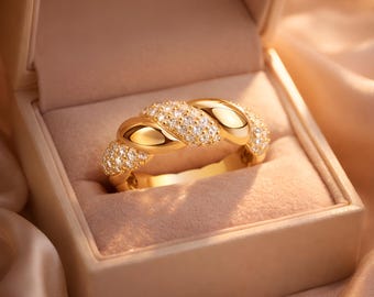 Moissanite Twisted Rope Ring, 24K Gold Plated Sterling Silver, Pavé Band
