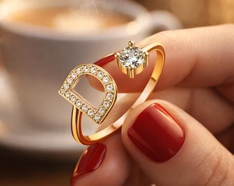 CZ Initial Ring, Adjustable Open Band, Personalized Letter Ring, Mothers Day Gift