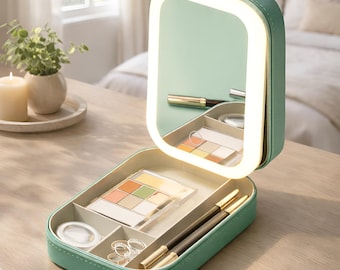 Green LED Travel Makeup Bag, Lighted Cosmetic Organizer, Rechargeable Vanity Case, Mothers Day Gift