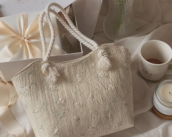 Embroidered Straw Shoulder Bag, Floral Summer Tote, Lightweight Beach Purse