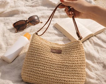 Geflochtene Strohtasche Damen, Sommer Strandtasche mit Reißverschluss, Schultertasche Urlaub