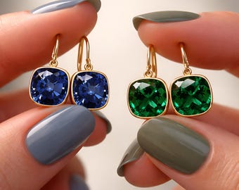 14K Gold Drop Earrings Set, Sapphire & Emerald Cushion Cut 8mm, Lab Created, 5.00CTW, Hypoallergenic Gift for Her