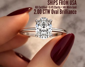 2 Carat Oval Lab Grown Diamond Engagement Ring – 14K White Gold Solitaire – AGI Certified G VS – High Set 2.00 CTW