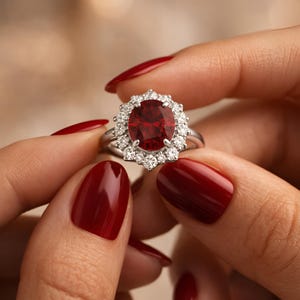 Op de afbeelding: Een zilveren ring met een grote, ovaal geslepen, dieprode edelsteen, omringd door kleinere, heldere edelstenen. De ring wordt vastgehouden tussen twee handen met rode nagellak.