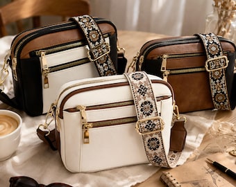 Embroidered Strap Crossbody Bag, Triple Zipper Shoulder Bag for Women, Stylish Multi Pocket Everyday Purse, Cute Gift for Her