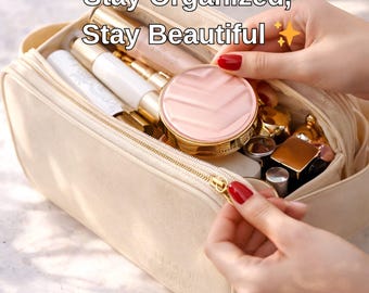 Large Vegan Leather Toiletry Bag, Waterproof Makeup Organizer, Travel Cosmetic Case, Gift for Mom