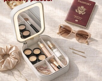 Trousse de maquillage de voyage à LED avec miroir, organiseur de cosmétiques portable, cadeau pour elle