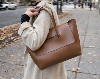 Bolso Tote Mujer Minimalista de Cuero Vegano, Bolso Grande para Trabajo, Bolso de Hombro Elegante Uso Diario