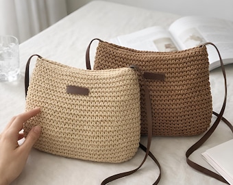 Geflochtene Strohtasche Damen, Sommer Strandtasche mit Reißverschluss, Schultertasche Urlaub