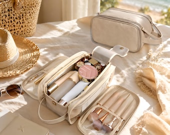 Große PU Leder Kosmetiktasche, wasserfeste Reise Make up Organizer Tasche, doppelte Reißverschluss Kulturtasche