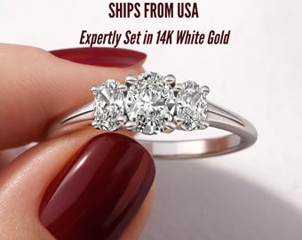 Engagement Ring Oval Shape, 1 CTW 14k White Gold Oval Shape Lab-Grown Diamond Three Stone Engagement Ring, Minimalist Wedding Ring (G-Vs)