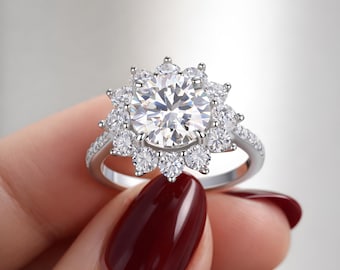 Sunflower Moissanite Ring, Sterling Silver Floral Engagement Ring, Gift for Mom