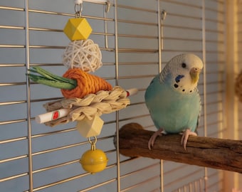 Handmade Carrot Themed Parrot Chew Toy | Bird Foraging Toy with Woven Carrot, Rattan Ball Bell | Cage Accessory for Small to Medium Parrots