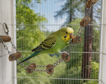Escalera de escalada para loros hecha a mano en madera natural / Puente colgante de cadena de acero inoxidable / Accesorio para jaula de periquitos, cacatúas y cotorras