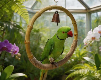 Anillo colgante de bambú natural hecho a mano para loros / Percha para pájaros con envoltura de yute y campana / Accesorio para jaula de periquitos, cacatúas y periquitos de collar.