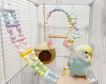 Handmade Macaron Color Parrot Swing Perch Set | Pastel Wooden Bead Bird Swing & Chain | Cage Accessory for Small to Medium Parrots