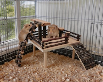 Aire de jeu pour hamster en bois de pommier naturel | Plate-forme d'activité en bois avec échelle pour hamster syrien, jouet à mâcher pour décoration de cage à souris