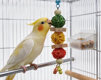 Handmade Colorful Rattan Ball Parrot Chew Toy String | Natural Wood & Woven Ball Bird Toy | Cage Accessory for Budgies, Cockatiels Lovebirds
