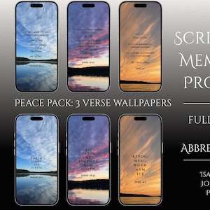 May include: A digital product featuring six phone wallpapers with scripture verses and scenic backgrounds. The wallpapers display verses from Isaiah 26:3, John 16:33, and Phil 4:7, with a sky and water theme. The text "Scripture Memory Project" is also visible.