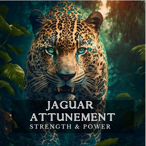 Può includere: Un giaguaro con sorprendenti occhi color ottanio e un mantello maculato, posizionato in una fitta foresta. L'immagine presenta il testo JAGUAR ATTUNEMENT STRENGTH & POWER in lettere bianche centrato sulla parte inferiore del corpo.