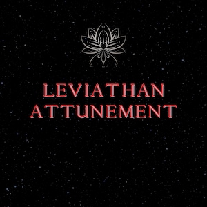 Puede incluir: Un diseño gráfico negro que presenta un símbolo de flor de loto de líneas blancas centrado en la parte superior. Debajo del símbolo, el texto LEVIATHAN ATTUNEMENT se muestra en una fuente roja, negrita y sin remates sobre un fondo oscuro con motas.