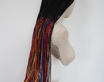 Black Braided Wig w/ Rainbow tips, 30 in Lace Front