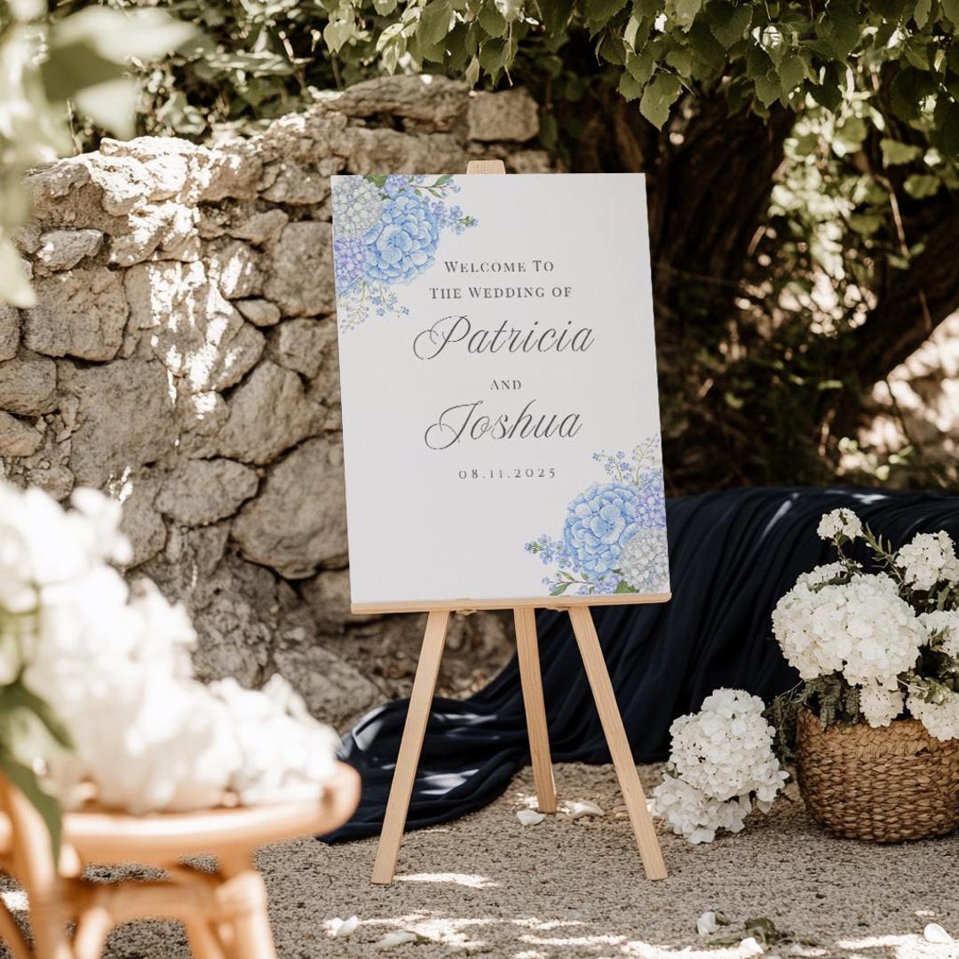 Blue Hydrangea Wedding Welcome Sign, Editable Canva Template (digital ...