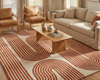 Handgetuft wollen vloerkleed, terracotta crème golvend patroon, boho-modern