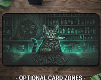 Cat Playmat MTG With Card Zones – Cat Fantasy TCG Mat, Magic The Gathering Desk Mat, Cute Dark Gaming Playmat