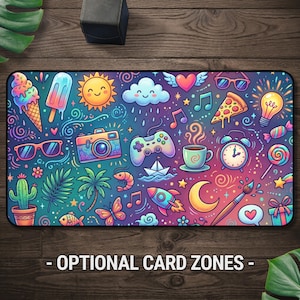 Kawaii Cute Doodle Playmat MTG TCG Desk Mat, Colorful Summer Pop Culture Icons Card Game Play Mat with Card Zones, Magic Gift