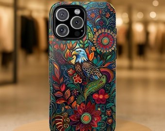 Telefoonhoesje met bloemenmotief en adelaar, kleurrijk iPhone-hoesje met Amerikaanse zeearend, boho-telefoonhoesje met dierenprint, artistiek hoesje met vogelmotief, cadeau voor dierenliefhebbers