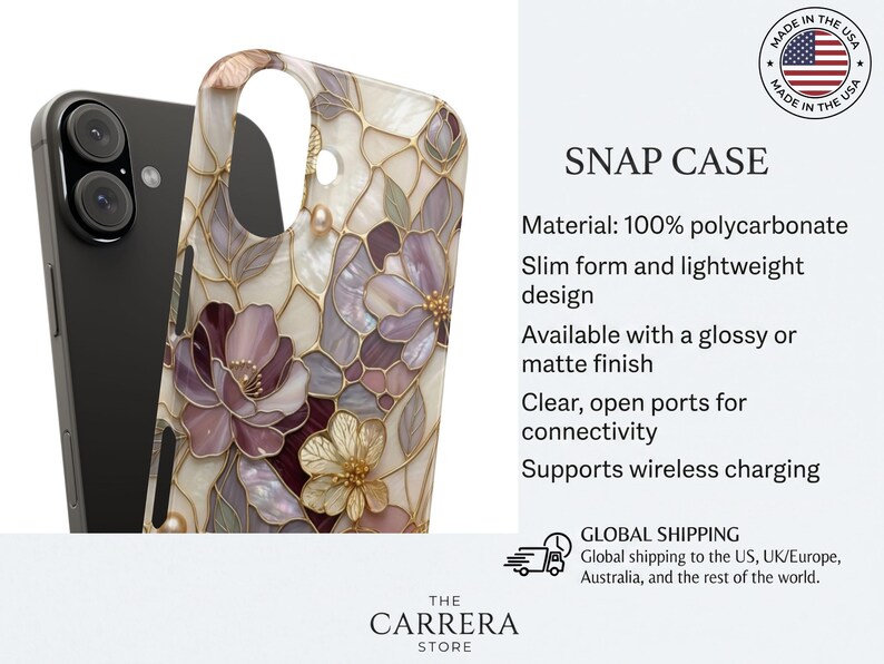 Op de afbeelding: Een smartphone-snapcase met een bloemmotief in glas-in-loodstijl in tinten paars, cr&egrave;me en goud. De hoes is gemaakt van 100% polycarbonaat met een slank, lichtgewicht ontwerp, open poorten voor connectiviteit en ondersteunt draadloos opladen.
