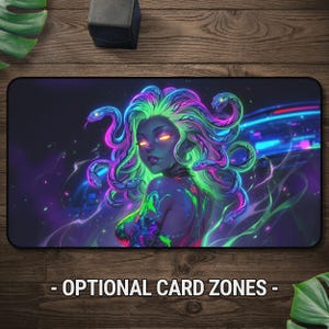 May include: A rectangular playmat featuring a vibrant, neon-coloured illustration of a figure with glowing yellow eyes and snakes for hair. The artwork uses purple, green, and blue light effects against a dark background, with the text OPTIONAL CARD ZONES.
