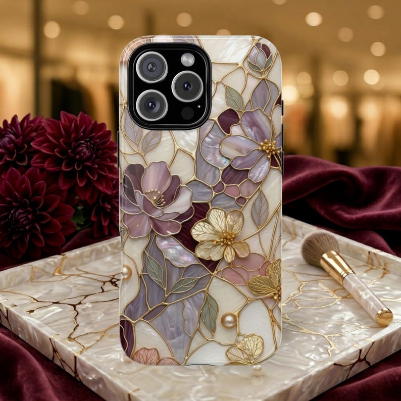 Telefoonhoesje met glas-in-lood bloemmotief, romantisch hoesje met bloemenmotief van glas-in-lood voor Samsung S26 Ultra S25 S24 S23 iPhone 17 Pro Max 16 15 Pixel afbeelding 14