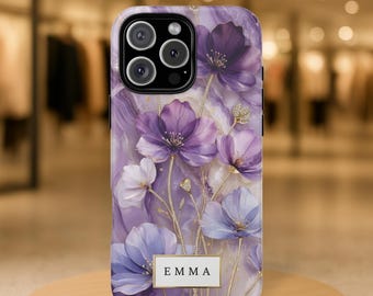 Telefoonhoesje met bloemenprint en imitatie glas-in-lood-look, gepersonaliseerd hoesje met paarse bloemen voor iPhone 17 16 15 14, elegant pastelkleurig hoesje met bloemenprint voor Samsung S26