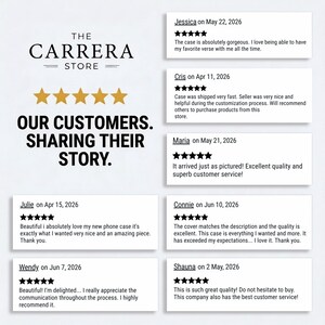 Op de afbeelding: Een grafische weergave voor The Carrera Store met vijf gouden sterren en de tekst Our Customers. Sharing Their Story. Zes individuele klantbeoordelingen worden getoond in witte rechthoekige kaders, elk met een naam, datum en vijf zwarte sterren.