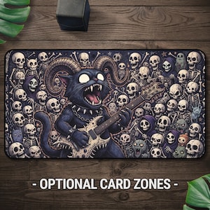 Demon Cat Guitarist MTG Playmat TCG Desk Mat, Heavy Metal Horned Cat Skeleton Card Game Play Mat with Card Zones, Magic Gift