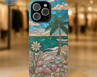 Telefoonhoesje met glas-in-lood strandmotief, iPhone-hoesje met kust-, oceaan- en palmbomenmotief, tropische uitstraling, boho-stijl.