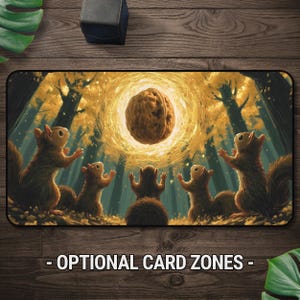 May include: A rectangular playmat featuring a central glowing walnut surrounded by five squirrels in a golden forest. The squirrels are positioned with their paws raised towards the light. The text OPTIONAL CARD ZONES is printed below.
