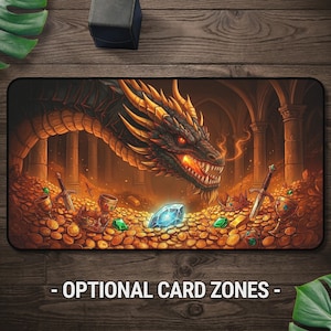 Peut inclure: Un tapis de jeu rectangulaire illustrant un dragon noir et doré aux yeux rouges brillants, entouré d'un vaste trésor de pièces d'or, d'épées éparpillées, de calices et d'une grande pierre précieuse bleue dans une chambre en pierre.