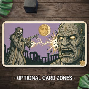 Puede incluir: Un tapete de juego rectangular que muestra un esqueleto encapuchado lanzando rayos amarillos a un gólem de piedra con ojos brillantes. La escena incluye una luna creciente, ruinas antiguas y el texto OPTIONAL CARD ZONES abajo.